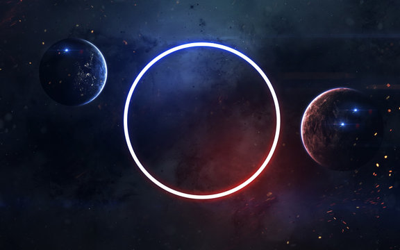 Fototapeta Science fiction space wallpaper, incredibly beautiful planets, galaxies, dark and cold beauty of endless universe. Elements of this image furnished by NASA