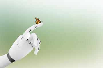 Robot hand with a butterfly on it's finger