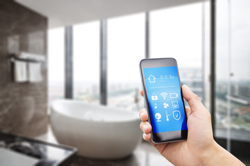 mobile phone with modern luxury bathroom