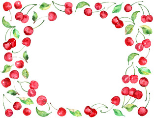 Watercolor Cherries fruit background, frame