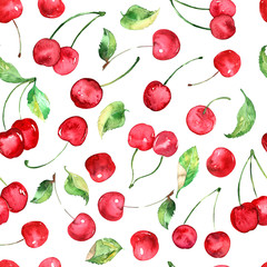 Watercolor cherries fruit seamless pattern - 162724633