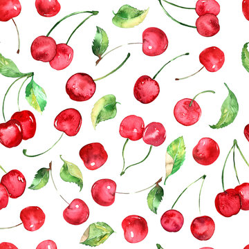 Watercolor cherries fruit seamless pattern