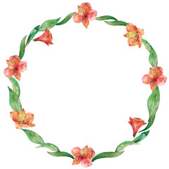Watercolor floral wreath in red and orange colors