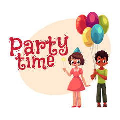 Black boy with bunch of balloons and caucasian girl in birthday cap, ,cartoon style invitation, banner, poster, greeting card design. Party invitation, advertisement, Two kids, holding balloons