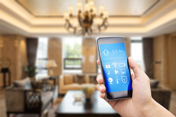mobile phone with living room in smart home