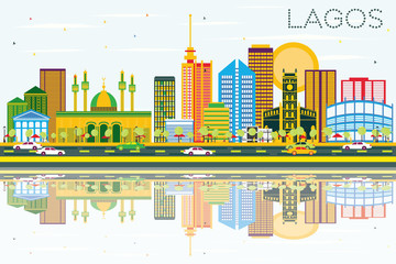 Lagos Skyline with Color Buildings, Blue Sky and Reflections.