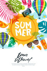Vector banner, poster or flyer design template with sun, palm leaves and air balloons. Summer beach doodle illustration. Concept for summer holidays, travel and tourism background.