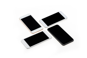arranged modern smartphones with black screens isolated on white