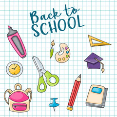 Back to school doodle clip art greeting card. Cartoon vector illustration for flyer to banner. Typography script text. 