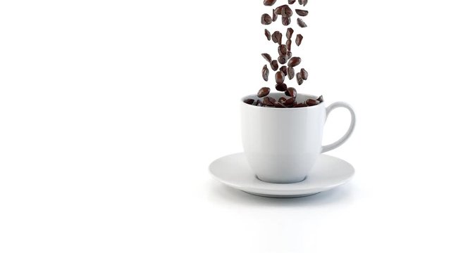 A stream of coffee beans fill the cup. 3d video