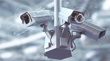 Futuristic security cameras scanning the street in 4K - Powered by Adobe