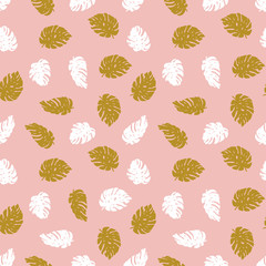 Exotic gold and white leaves on the pink background. Seamless hand drawn tropical  pattern. Vector background with monstera.