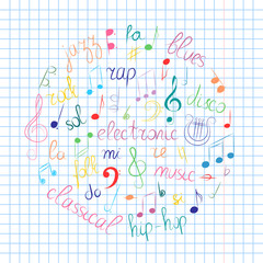 Colorful Hand Drawn Set of  Music Symbols.  Doodle Treble Clef, Bass Clef, Notes and Music Styles Arranged in a Circle on Sheet.. Vector Illustration.