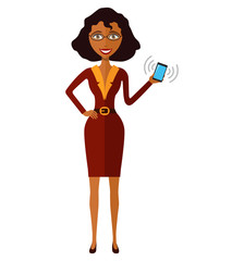 Cute young African American woman with mobile phone vector illustration isolated on white