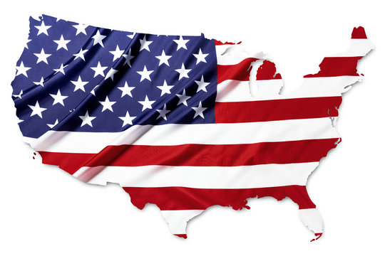 American flag pattern in country map shape on white with clipping path
