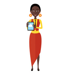 Fototapeta premium Happy african american business woman character with tablet flat cartoon vector illustration