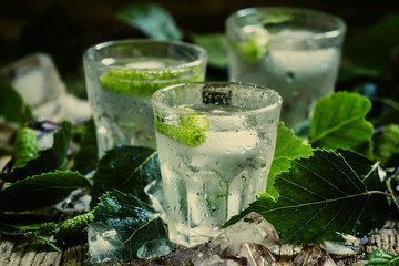 Cold Russian vodka with birch buds and ice, hard drink, toned, selective focus
