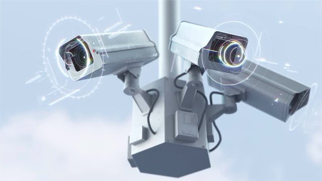 Futuristic security cameras scanning the street in 4K