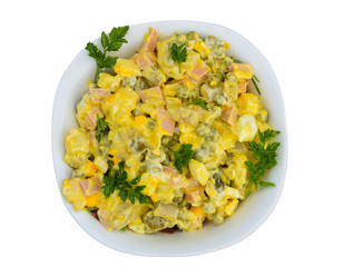 Russian traditional salad olivier isolated on white background