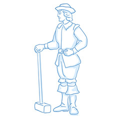 A blacksmith with a hammer. Labor. Working social class in medieval Europe. Line sketch. Stock vector. Historical illustration.
