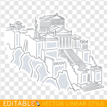 Acropolis and parthenon athens greece. Editable line sketch. Stock vector. Historical illustration.
