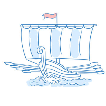 Sailing ship with oars. Dakkar. Viking boat. Line sketch. Stock vector. Historical illustration.