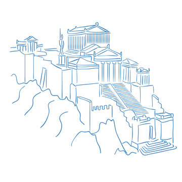 Acropolis and parthenon athens greece. Editable line sketch. Stock vector. Historical illustration.