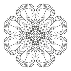 Mandala Ornament. Round Element For Coloring Book or Decoration. Black Lines on White Background. 
