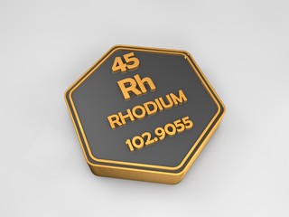 Rhodium - Rh - chemical element periodic table hexagonal shape 3d render