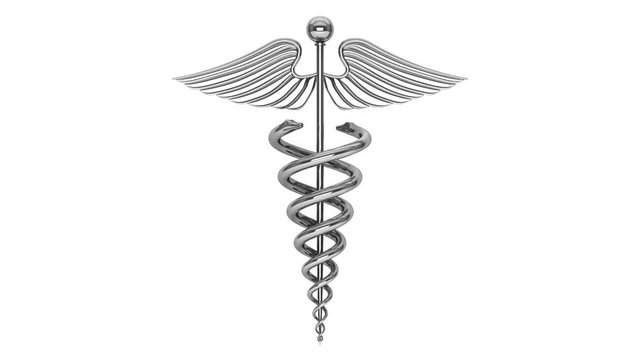 Health Care Concept. Silver Medical Caduceus Symbol Seamless Looped Rotating on a white background