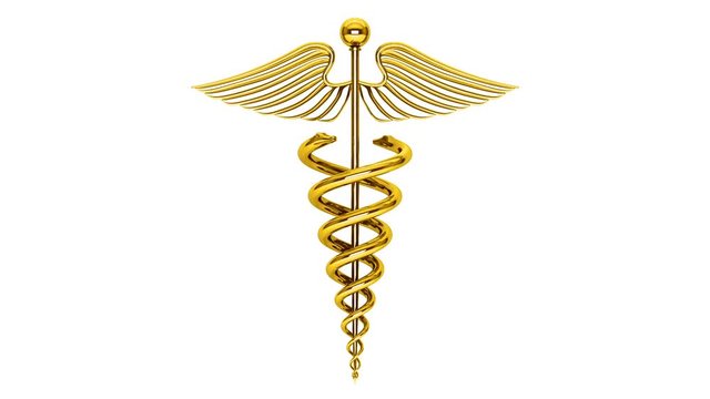 Health Care Concept. Golden Medical Caduceus Symbol Seamless Looped Rotating on a white background