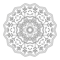 Mandala Ornament. Round Element For Coloring Book or Decoration. Black Lines on White Background. 
