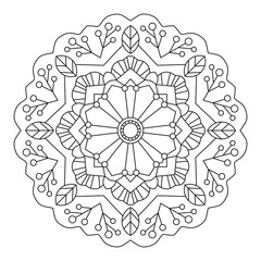 Mandala Ornament. Round Element For Coloring Book or Decoration. Black Lines on White Background. 