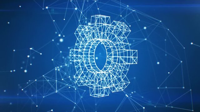 Gear Wheel Icon Appearing in Network Cloud from Lines and Dots. Symbol Forming from Particles. Looped 3d Animation. Loop from 100 to 500 frames. Business and Technology Concept. 4k UHD 3840x2160.