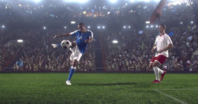 4k footage of a soccer player in dramatic play during a soccer game on a professional outdoor soccer stadium. Players wear unbranded uniform. Stadium and crowd are made in 3D.