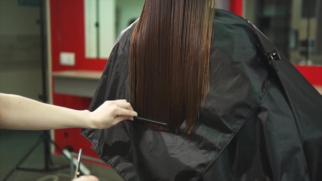 The hairdresser of the beauty salon is cutting hair for the girl who came to change her hair, the stylist by hair cuts the split ends and changes the length of the hair to change the image