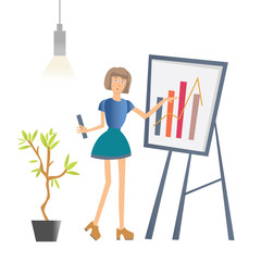 A woman is showing a graph. Business presentation in the office of the company. Vector illustration, isolated on white background.