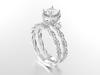 3D illustration white gold or silver matching band set rings with diamonds with reflection