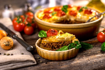 Moussaka - a traditional Balkan specialty with minced meat and potatoes