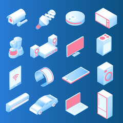 Internet of things modern set of isometric vector icons. IOT or smart home online synchronization and connection technology symbols.
