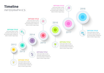 Business annual timeline in step circles infographics. Corporate milestones graphic elements. Company presentation slide template with year periods. Modern vector history time line layout design.