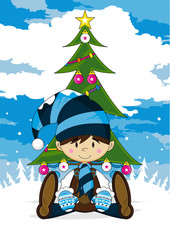 Fototapeta na wymiar Cartoon Elf and Christmas Tree