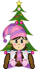Cartoon Elf and Christmas Tree