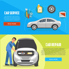 Flat horizontal banners with car mechanic. Car service and car repair vector banners. Auto service business concept illustration.