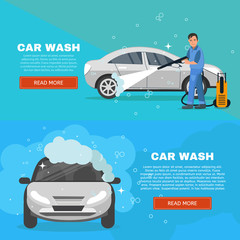 Vector concept car wash service illustration. Car washing concept horizontal banners set. Man worker washing car vector illustration.