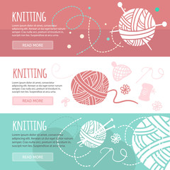 Knitting and sewing horizontal banners set. Creative trendy concept for business. Knitting banners with hand drawn doodle elements.
