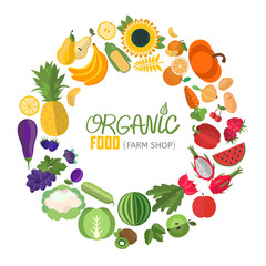 Vector vegetables and fruits illustration. Circle frame with fruit and vegetable icons. Concept illustration for groceries, agriculture stores, packaging and advertising.