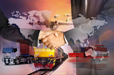 Global business of Container Cargo freight train for logistic import export, Business logistics concept ,  Air cargo trucking , rail transportation , maritime shipping , On-time delivery