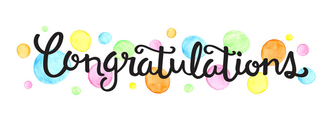 CONGRATULATIONS hand lettering on watercolour dots