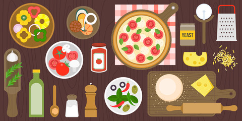 making pizza poster ingredients and utensils, flat design vector